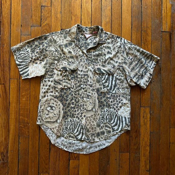Vintage 80s BizTango Women Cream Brown Black Cheetah Zebra Lion Safari Shirt - Picture 1 of 4